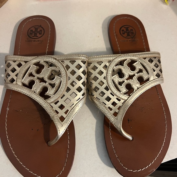 Tory Burch Gold and Brown Sandals with Medallion Design - Picture 1 of 4